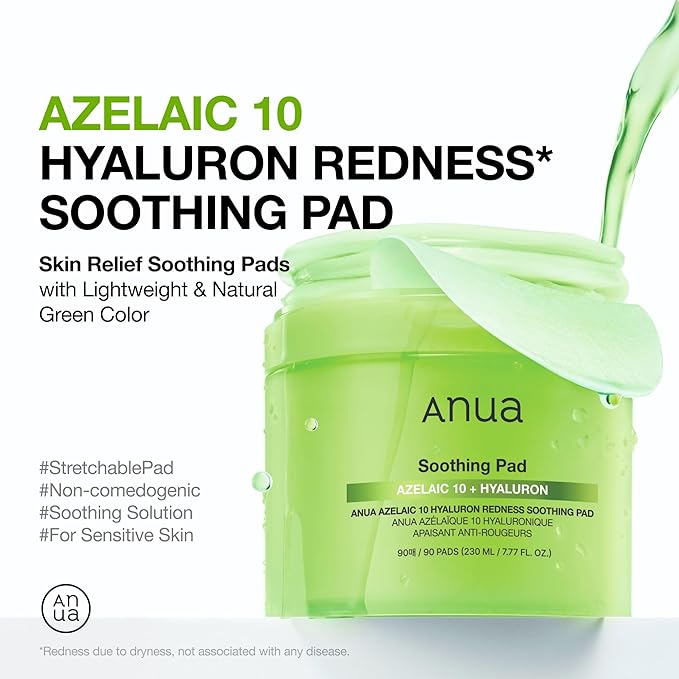 Anua Azelaic 10 Hyaluron Redness Soothing Pad, Troubled & Spot Care with Korean toner pads, Quick & Easy Stretchable Facial Mask with Azelaic acid, Hyaluronic Acid, Korean Skin Care (90 pads)