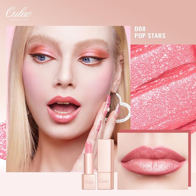 Oulac Infinity Moisture Shine Lipstick - High Shine Shimmery Finish, Super Creamy Texture, Medium to High Coverage - Gluten Free, D08 Pop Stars