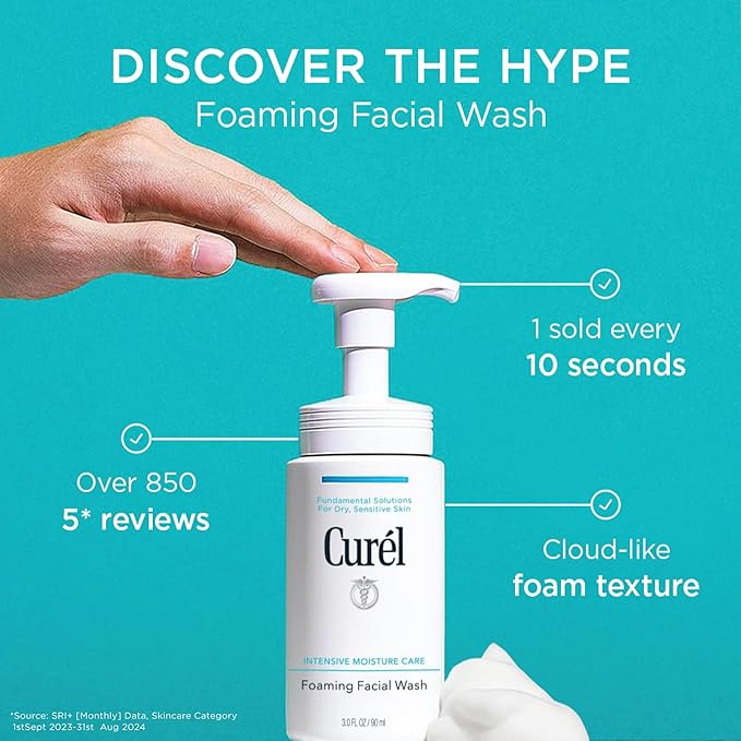 Curel Japanese Skin Care Foaming Daily Face Wash for Sensitive Skin, Hydrating Facial Cleanser for Dry Skin, pH-Balanced and Fragrance-Free, 5 Oz (Step 2 of 2-Step Skincare)
