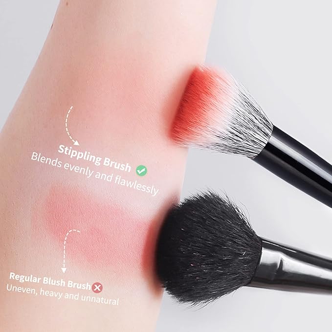 MSQ Stipple Blush Brushes, 2PCS Duo Fiber Stippling Brush Flat Top Double Stipple Makeup Brush, Great for Blending, Highlight, Blush,Contour, Cream, Foundation,Smooth & Natural (Black Stipple)