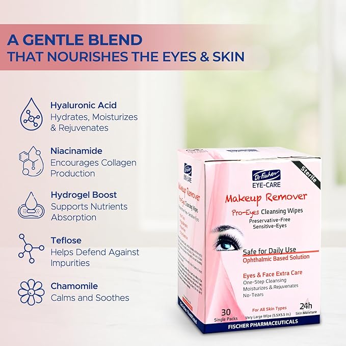 Dr. FIscher Makeup Remover Wipes - Sensitive Skin Formula, Individually Sealed, No Rinse, Eyes and Face Safe (30)