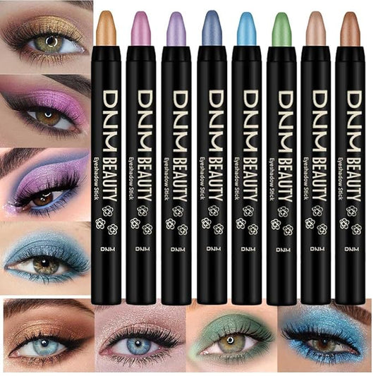 8Pcs Glitter Eye Shadow Sticks Liner Pencils Makeup Set, Desert Mocha Beige Gold Light Purple Pink Sky Dazzling Blue Geen Glitter Shimmer Eyeliner Pencil Cream Eyeshadow Palette Makeup for Older Women