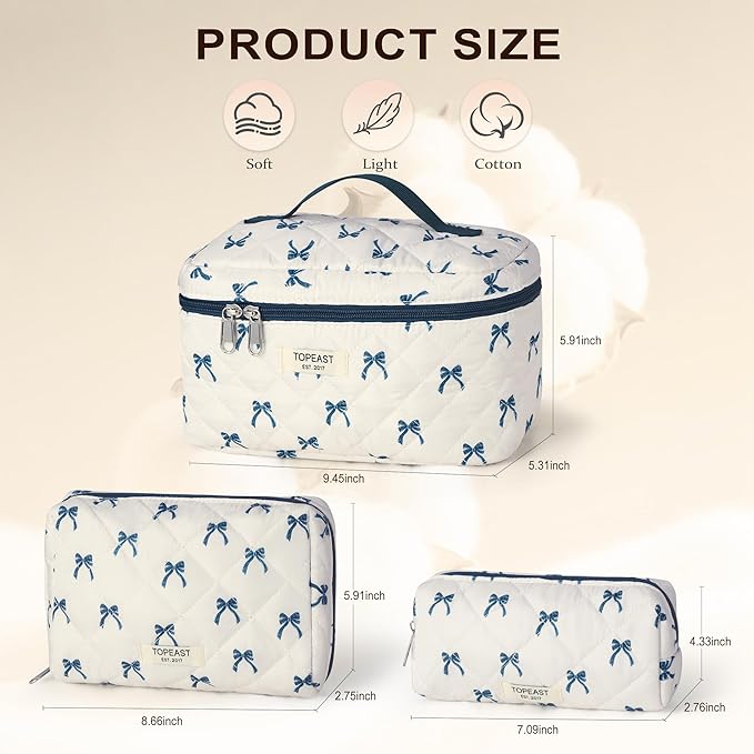 TOPEAST Travel Makeup for Women Girl, 3Pcs Large Cute Quilted Make up Bag Organizer for Purse, Portable Big Cosmetic Brush Pouch with Zipper Compartment, Blue Bow