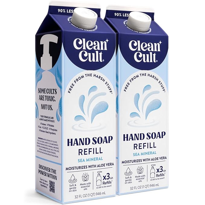 Cleancult - Liquid Hand Soap Refills - Sea Minerals - Gentle On Sensitive Skin - Made with Aloe Vera & Essential Oils - Eco Friendly - Paper-Based Packaging - 32 oz/2 Pack