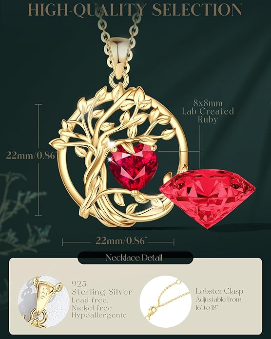 FANCIME Tree of life Birthstone necklace Sterling Silver Pendant Birthstone Necklace Gemstone Anniversary Birthday Jewelry Christmas Gifts for Mom Her Wife