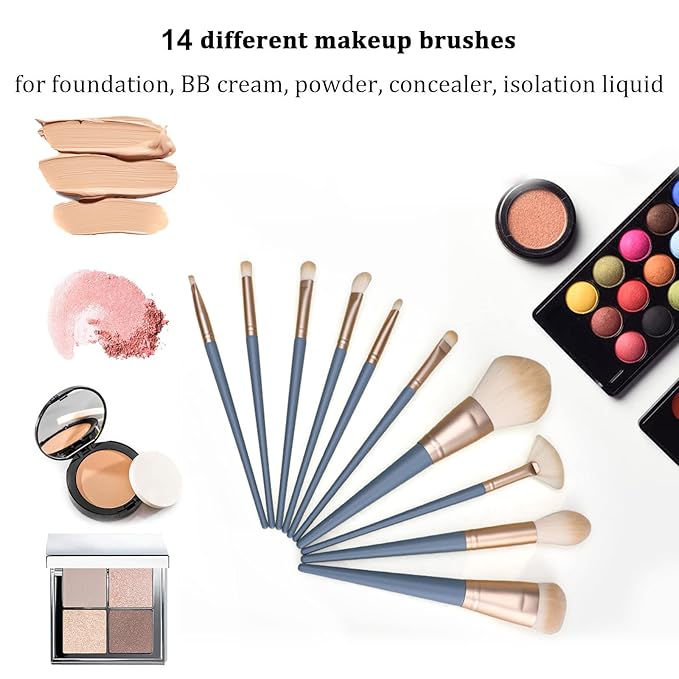 Makeup Brushes With Bag 10PCs Professional Makeup Brush Set，Premium Synthetic Foundation Concealer Powder Blush Eyeshadow Eyebrow Blending Travel Make Up Brushes (Blue)