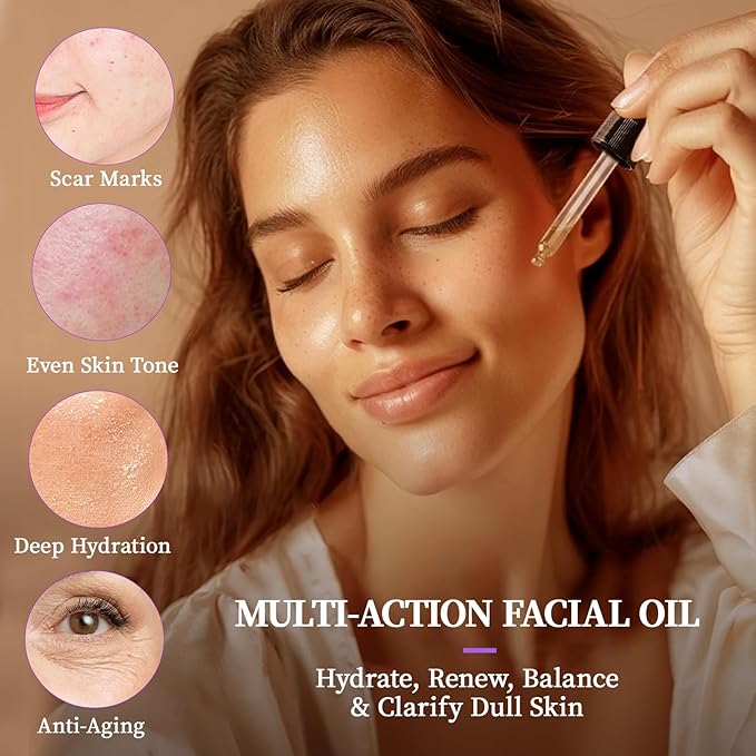 Rosehip Oil, Lavender Oil for Face, Facial Oils Blend Anti Aging with Frankincense & Pomegranate | Organic 100% Natural & Cold Pressed for Women Moisturizing, Brightening & Youthful Glow, 2 fl oz