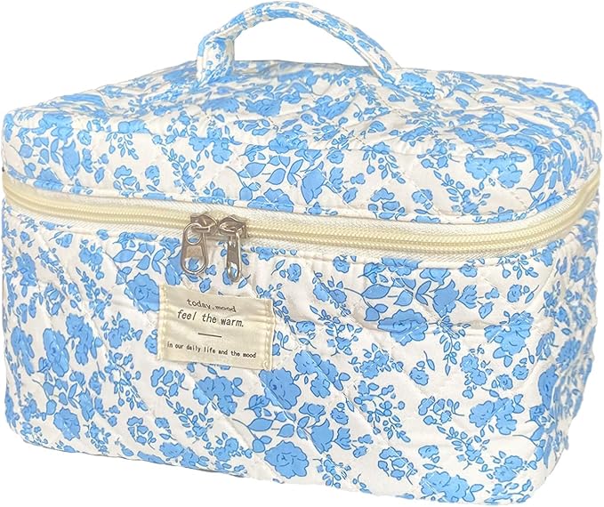Blue Large Quilted Floral Makeup Bag Cute Soft Coquette Aesthetic Cosmetic Bag Cotton Travel Toiletry Bag for Women