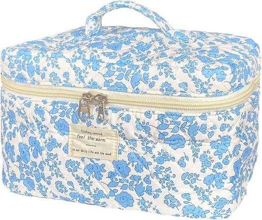 Blue Large Quilted Floral Makeup Bag Cute Soft Coquette Aesthetic Cosmetic Bag Cotton Travel Toiletry Bag for Women
