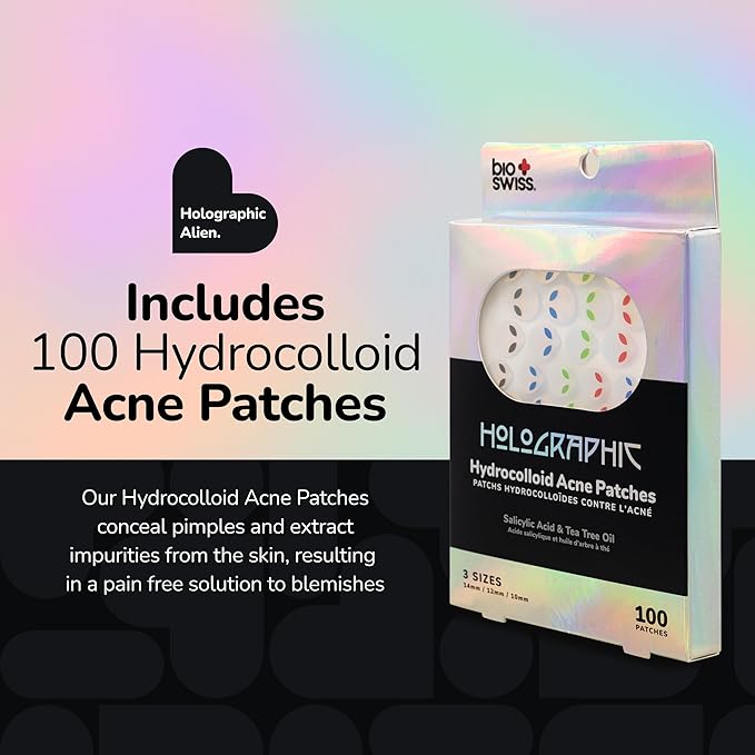 BioSwiss Pimple Patches, Holographic Alien Patch for Zits and Blemishes, Hydrocolloid Spot Stickers for Face and Skin, 100 Count