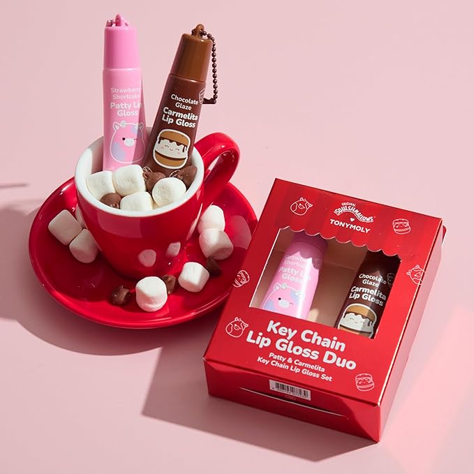 TONYMOLY x Squishmallows Lip Gloss Gift Set – 2pc Patty’s Strawberry Shortcake & Carmelita’s Chocolate Glaze Keychain Duo, Hydrating Gloss, Holiday Limited Edition