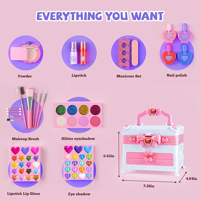 Kids Makeup Sets for Girls, 66pcs Real Cosmetic for Kids Toys with Mirror, Princess Washable Girls Makeup Kit, Non-Toxic & Safe Brithday Gifts for 3 4 5 6 7 8 10 - 12 Years Old（Light Pink）