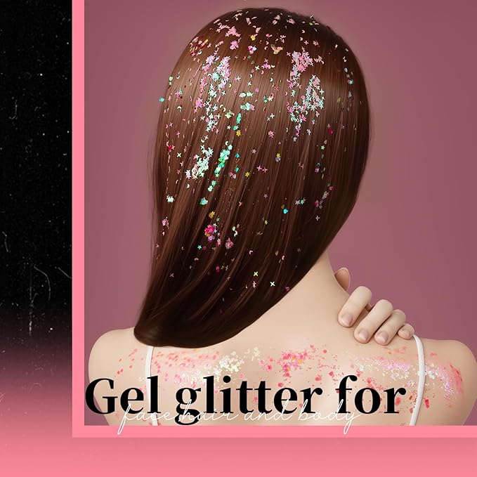 Teenitor Face Glitter, Pink Body Glitter Gel, Holographic Glitter for Face and Body, Hair, Gel Glitter Makeup for Festival Party Cheer Glitter