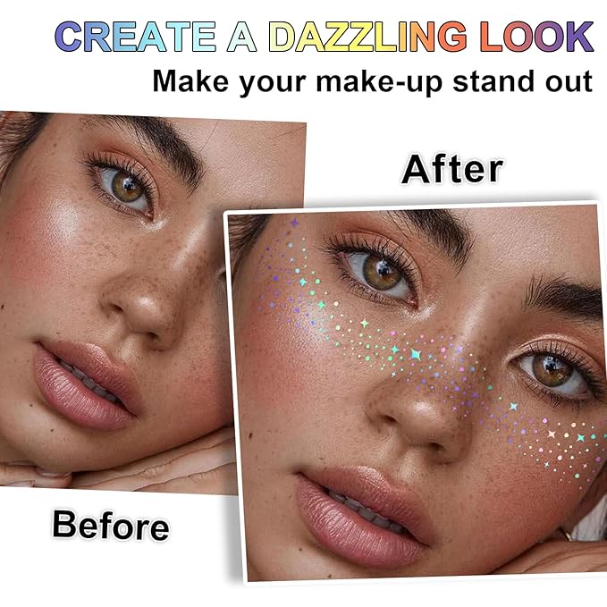 10Pcs Face Makeup Patches, Glitter Freckles Face Tattoo for Teenagers & Young Women, Sparkle Freckles Makeup Patches, Waterproof Face Glitter Freckles for Christmas (10PcsA Holographic Multicolor)
