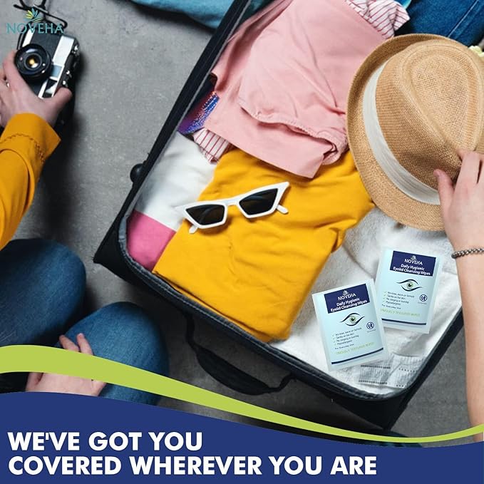 NOVEHA 120Pcs Daily Hygienic Eyelid & Lash Wipes | 120 Individually Wrapped Cleansing Eyelash Wipes - For Blepharitis & Itchy Eyes, Demodex and Natural Makeup Remover & Daily Cleanser (2 Pack)