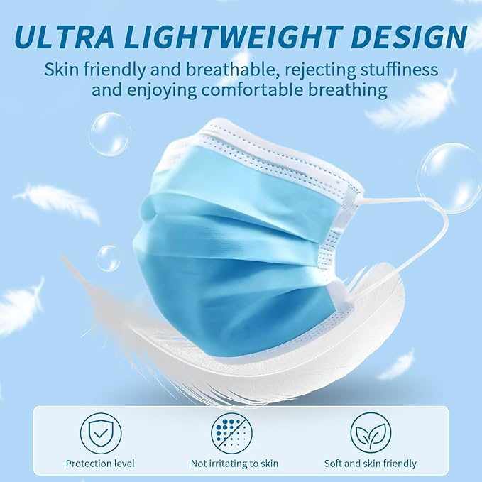 NNPCBT Blue Disposable Face Masks 100 Pack,3-Ply Breathable Mask For Adults,Great For Outdoors,Home, Office, School