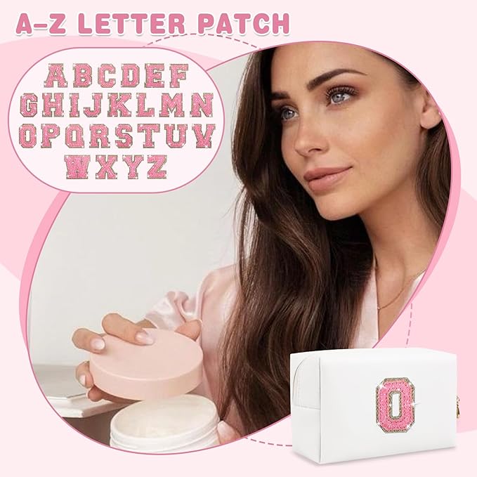 Small Initial Patch Makeup Bag Personalized Gifts Make Up Bag,White Cute PU Leather Glitter Letter Cosmetic Bag with Zipper,Trendy Portable Travel Toiletry Pouch,Preppy Stuff for Teen Girls Women O