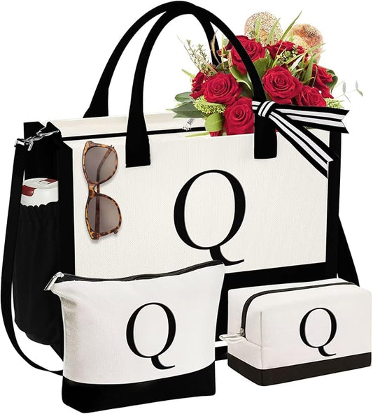 YOOLIFE Initial Canvas Tote Bag & Makeup Bag, Birthday Gifts for Women Mom Sister Friends, Bridesmaid Wedding Gifts