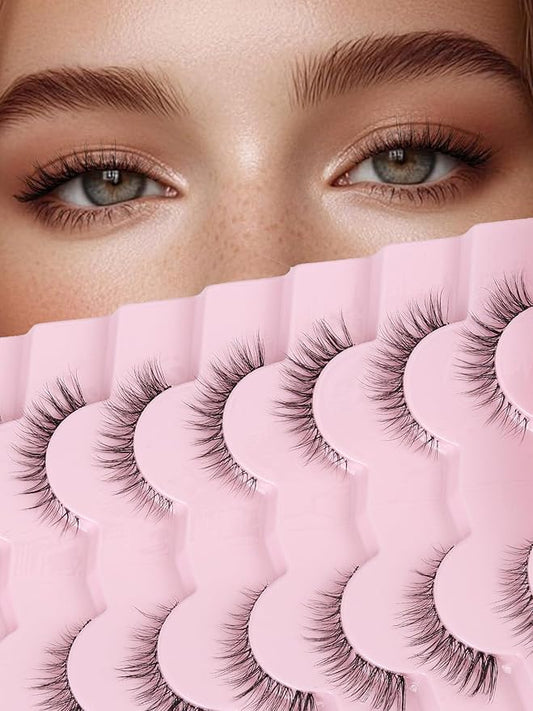 Eyelashes Cat Eye Lashes Natural Look 12mm False Lashes Wispy C Curl Eyelashes with 0.1Mm Thin Band 3D Volume Fake Eyelash Pack Natural Lash Strips 7 Pair Siligli