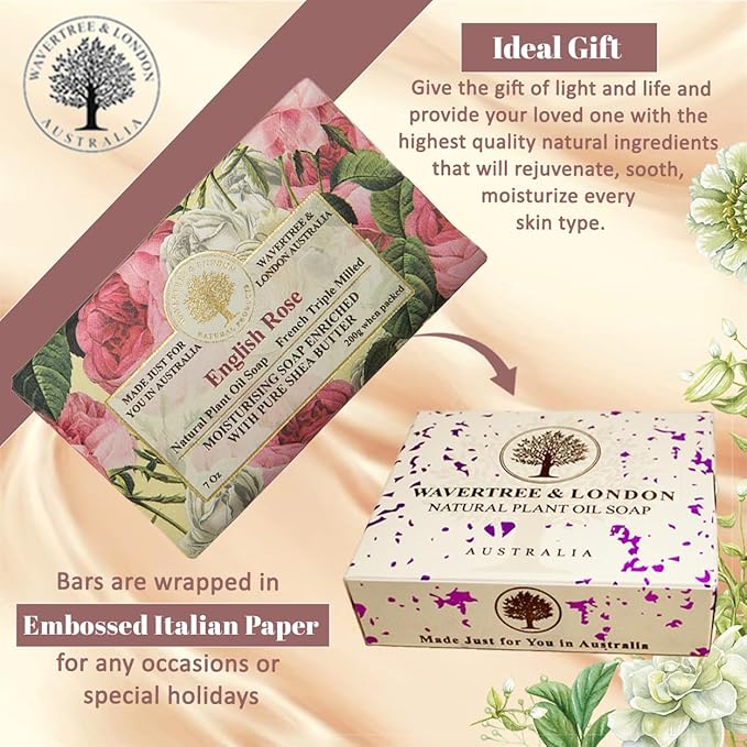 Wavertree & London English Rose Scented Natural Soap Bars for Women & Men (2 x 7oz) – Moisturizing Triple-Milled Soap Bars Enriched with Shea Butter – Plant-Based Bath & Body Bar for All Skin Types