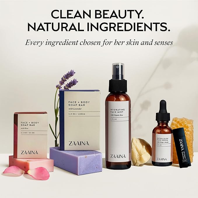 ZAAINA Spa Gift Basket for Women – Luxury Self Care Kit with Face Mist, Glow Serum, Soaps & Lip Balm – Natural Handmade Pampering Care Package for Women – Birthday & Relaxation Spa Basket (Deluxe Set)