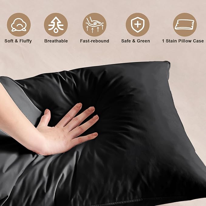 BHZ Satin Goose Down Feather Pillows King Size with Black Satin Pillowcase for Hair and Skin, Cooling Pillow Cases Similar to Silk Pillow Cases, Christmas Decorative Gifts for Women, Mom Men