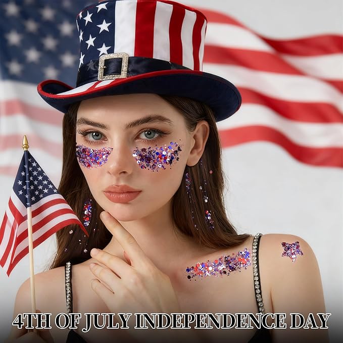 Teenitor Body Glitter Gel, 6 Shape Red White and Blue Face Glitter, 4th of July Accessories Hair Glitter for Kids, 4th of July Outfits USA Accessories for Women, Blue Face Glitter for Independence Day