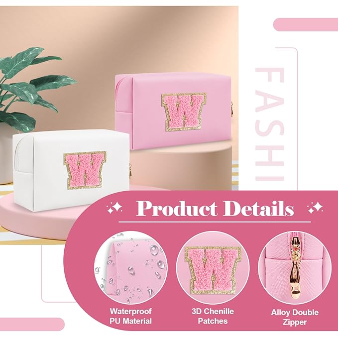 Personalized Initial A-Z Preppy Patch Makeup Bag,Small PU Leather Chenille Letter Cosmetic Bag with Zipper for Teen Girls,Pink Cute Travel Toiletry Bag,Birthday Monogrammed Gift for Daughter,Letter W