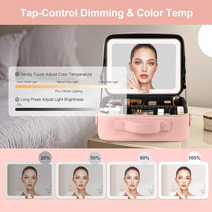 BEAUTY CASE Makeup Bag with Led Mirror, 12 Inch Portable Travel Cosmetic Organizer Case with Adjustable Dividers, USB Charging, Large Capacity, Ideal for Travel, Gift for Women Girls, Pink