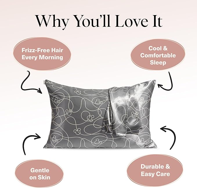 Kitsch Disney Mickey Mouse Satin Pillowcase with Zipper Softer Than Silk, Cooling Pillow Case for Hair & Skin, Wrinkle-Free, Machine Washable, Queen/Standard (19x26)
