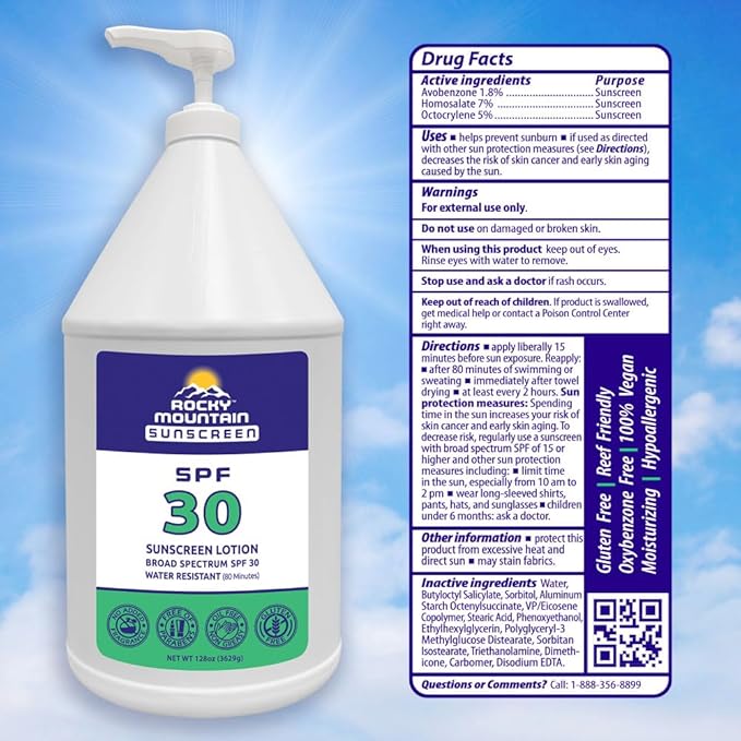 Rocky Mountain Sunscreen - SPF 30 Lotion | Broad Spectrum UVA/UVB Protection | Hawaii 104 Reef Act Compliant (Oxybenzone & Octinoxate Free) | Water Resistant 80 Min. | Gallon with Pump (128 Fl Oz)