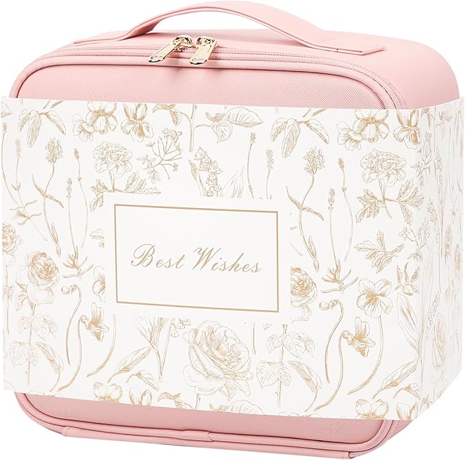 Chomeiu Makeup Bag with LED Mirror, Cute Cosmetic Bags Birthday Gifts for Girls Women, Makeup Train Case Artists Organizer Large Make Up Bags with Light Up Mirror 3 Color Lights, Pink