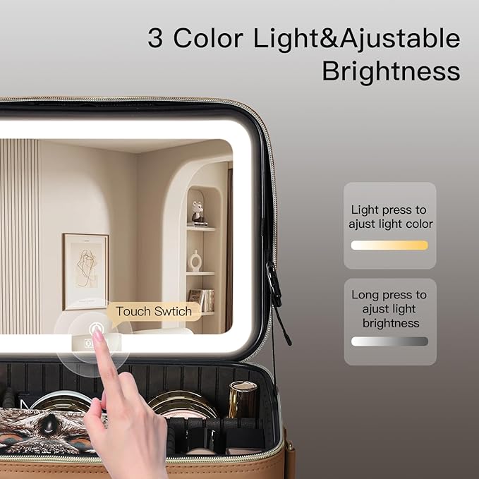 Makeup Case with LED Light Mirror,12 Inch Professional Portable Travel Cosmetic Organizer Bag with Adjustable Dividers, USB Charging, Large Capacity, Ideal for Travel, Gift for Women Girls