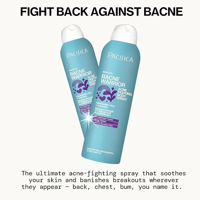 Pacifica Bacne Warrior - Bacne Salicylic Acid Spray, Back Acne Treatment Spray with 2% Salicylic Acid, Niacinamide, and Aloe, Body Acne Warrior for Body, Chest, and Back, Dermatologist Tested- 6 Fl Oz