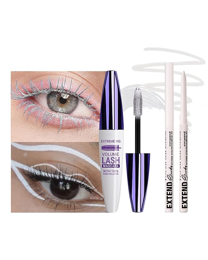 White Mascara and Eyeliner Set, 5D Waterproof Mascara Volume and Length Natural Lengthening Curling, Smudge Proof White Eyeliner Pencil, Natural Eye Makeup Gift Kit for Women in Halloween Set-01