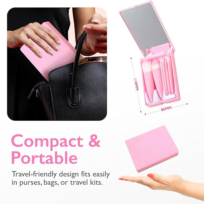 Travel Makeup Brushes Set, Easy Taken 5pcs Mini Makeup Brushes Kit with mirror, ON-THE-GO, Makeup Set for Beauty Blender, Get Glam On-the-Go! Pink
