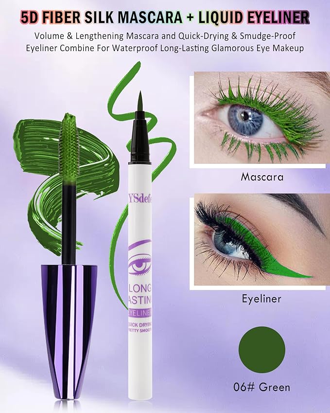 Green Mascara Liquid Eyeliner Set,5D Waterproof Fiber Colored Mascara Volume and Length,Longlasting Smudgeproof Color Eye Liner Pen,Cosplay Party Stage Use,St. Patrick's Day Makeup Gift for Women Girl