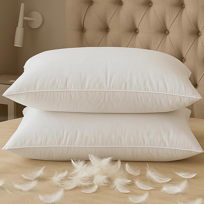 BHZ Down Feather Standard/Queen Pillows Set of 2 Pack, Luxury Hotel Collection Goose Bed Pillows for Sleeping Firm Soft Support for Side, Back, Stomach Sleepers for College Dorm Essentials, White