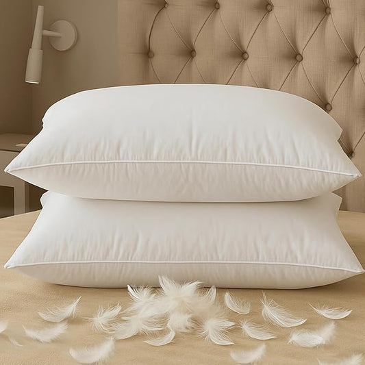BHZ Down Feather Standard/Queen Pillows Set of 2 Pack, Luxury Hotel Collection Goose Bed Pillows for Sleeping Firm Soft Support for Side, Back, Stomach Sleepers for College Dorm Essentials, White