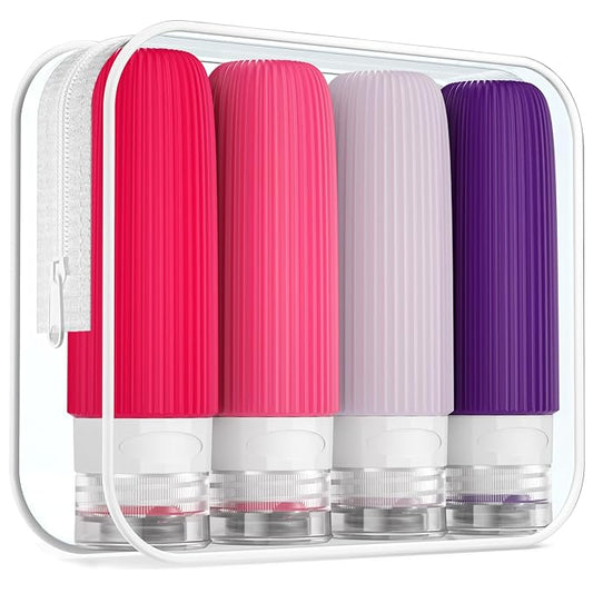 Travel Bottles for Toiletries, Tsa Approved 3oz Portable Travel Bottles, BPA Free Leak Proof Squeezable Silicone Travel Size Containers, Travel Accessories with Clear Toiletry Bag (4 Pack)