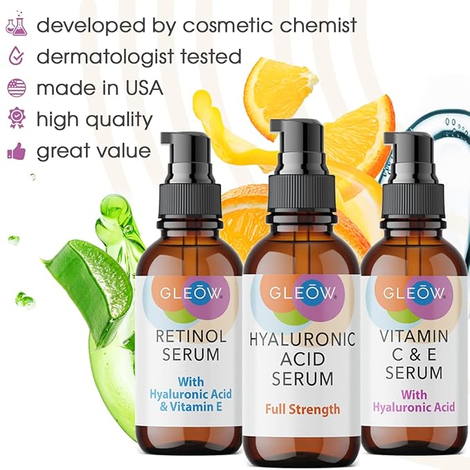 GLEOW Retinol Serum for Face, Vitamin C with Hyaluronic Acid Face Serum for Women and Men, Glow Skin Care Set Total Package Targets Appearance of Uneven Skin Tone and Dryness 3x1oz