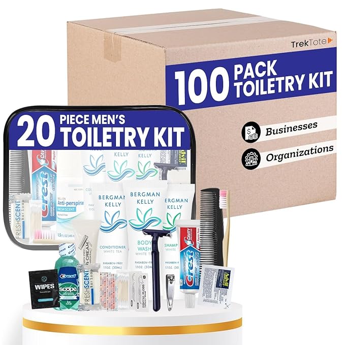Trektote Bulk Hygiene Kit For Men And Women – (100 Pack) 20 Piece Set Of Travel Size Toiletries, TSA Compliant, Bulk Travel Essentials, Includes Shampoo And Conditioner, Body Wash, Toiletry Bag & More