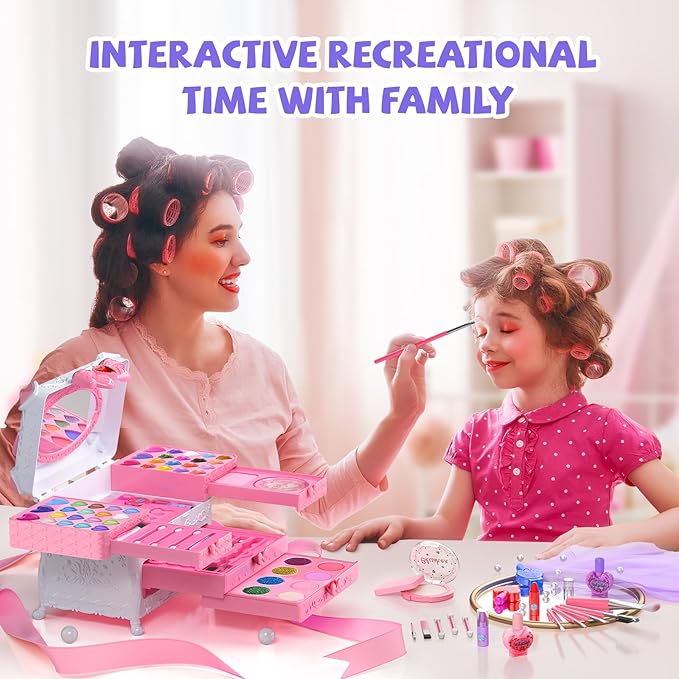 Kids Makeup Sets for Girls, 66pcs Real Cosmetic for Kids Toys with Mirror, Princess Washable Girls Makeup Kit, Non-Toxic & Safe Brithday Gifts for 3 4 5 6 7 8 10 - 12 Years Old（Light Pink）