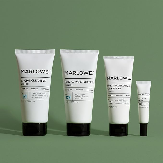 MARLOWE. Mens Skin Care Set, No. 204 Daily Essential Face Kit, No. 121 Facial Cleanser, No. 123 Facial Moisturizer, No. 127 Eye Cream, No. 128 Daily Face Lotion with SPF 50, Great Gift for Men