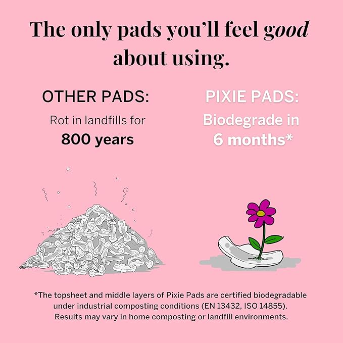 Pixie Organic Cotton Large Pads for Women - Maximum Protection When You Need It - Extra Heavy Absorbency with Wings - Leak-Proof, Hypoallergenic & Unscented - Compostable, Biodegradable - 12 Count