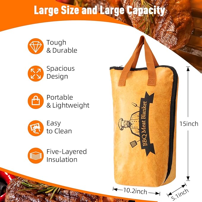 BBQ Blanket for Resting Meat, Reusable Smoker Grilling Meat Insulated Resting Bag with Wide Mouth for Large Brisket/Beef/Pork Shoulders/Turkeys (BBQ Blanket 15in)