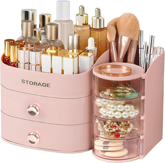 Makeup Organizer Countertop with Drawers, Make up Organizers for Vanity, Skincare Jewelry Earring Organizers, Cosmetic Display Cases Makeup Storage for Bedroom & Bathroom, Ideal Gifts for Women(Pink)