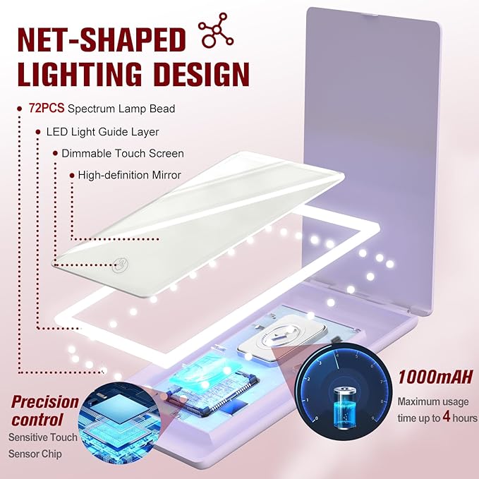 Travel Makeup Mirror with Lights, Rechargeable Portable Folding Compact Mirror with Tweezer, Lighted Makeup Mirror with 72 LED 3 Color Light Modes, Dimmable Touch Screen LED Mirrors-Purple