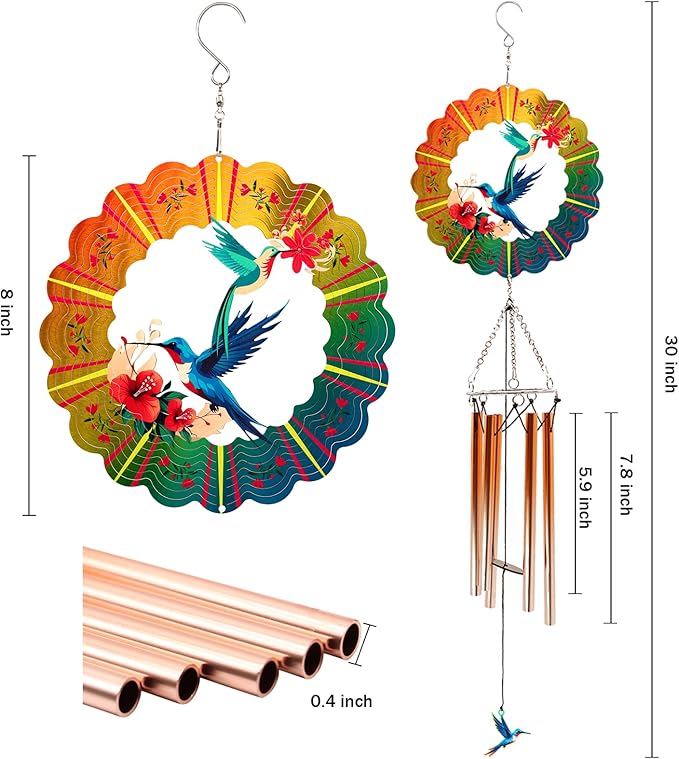 Wind Chimes with Hummingbird Wind Spinner, Mom Gifts for Christmas Grandma Mom Women Birthday Retirement Teacher, 31" Windchimes Outdoor Decor Hanging Mobile for Garden Porch Patio Backyard