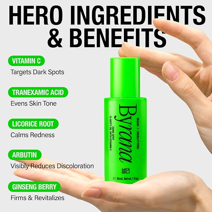 Dark Spot Clarity Oil Serum with Vitamin C for Uneven Tone & Post-Acne Marks – Korean Vegan Skincare with Ginseng Berry, Licorice Root, Arbutin & Tranexamic Acid by BYRANA – 1 oz
